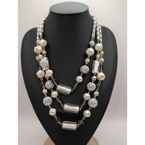 Silver-tone Multi-Strand Faux Pearl & Filigree Bead Statement Necklace